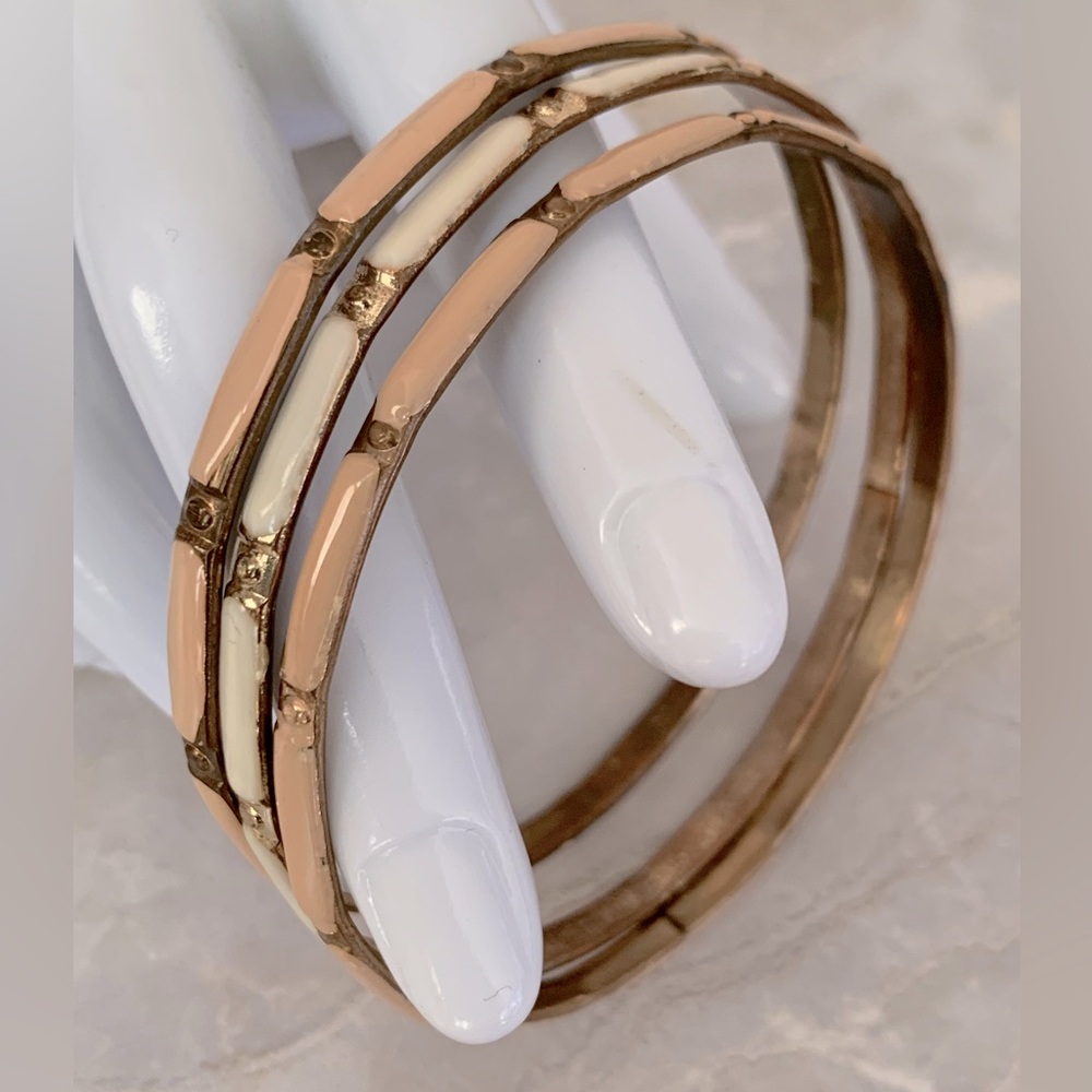 Beige and Cream Enamel Stacking Brass Bangle Bracelet Trio